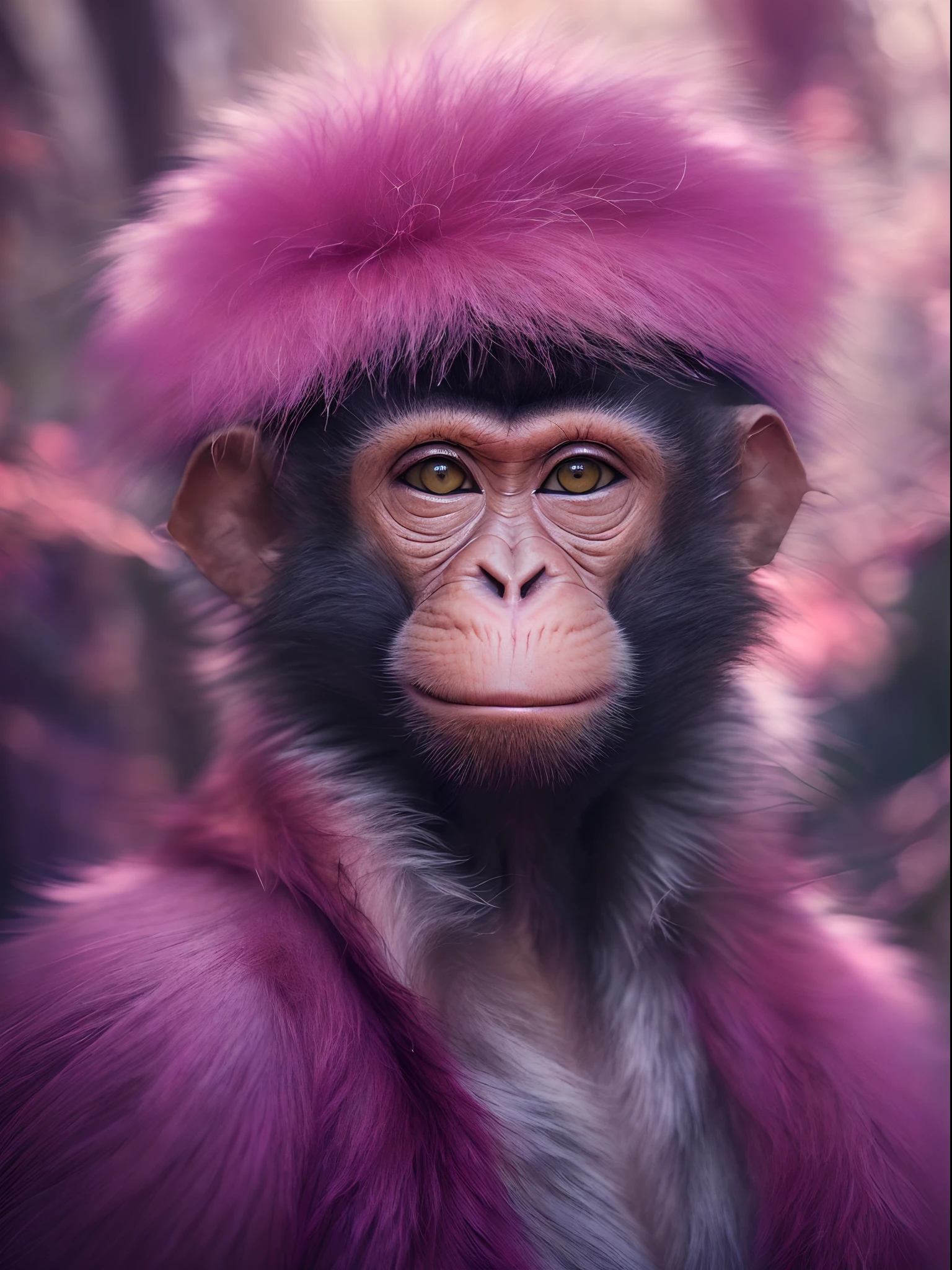 ((best quality)) , ((masterpiece)) , (detailed) , portrait, [water|forest],close up of a (1 monkey, fashionable clothing, pink:1.2) , wearing Energetic dark pastel [Fur coat|Fascinator], background is Shadowy Oxford, dense vegetation, Visual novel, Smiling, Magenta lighting, Circular polarizer, Hypersaturated, Film grain, 8k resolution