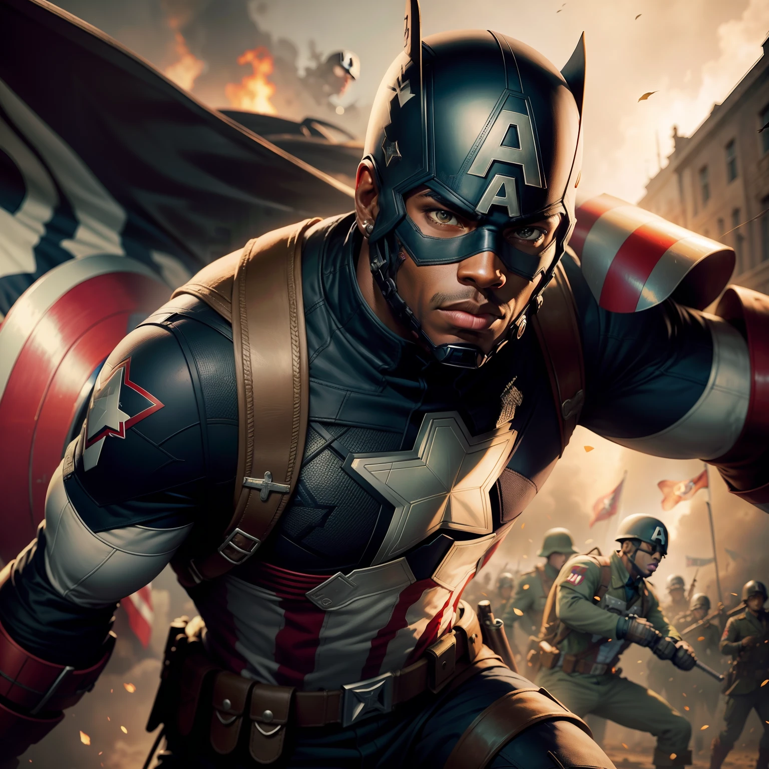 African American Captain America, WWII background, heroic, history, Captain America, Captain America mask, fighting, fighting Nazis, white Nazi soldiers in the background, Nazis in the background, one "A" on his mask