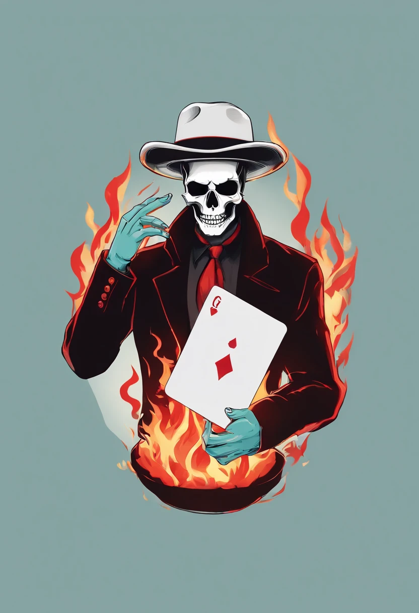 a man with a skull face holding cards with flames in his hands, in the style of dark cyan and red, illustrative realism, gamercore, mysterious backdrops, 32k uhd, ferrania p30, vibrant realism