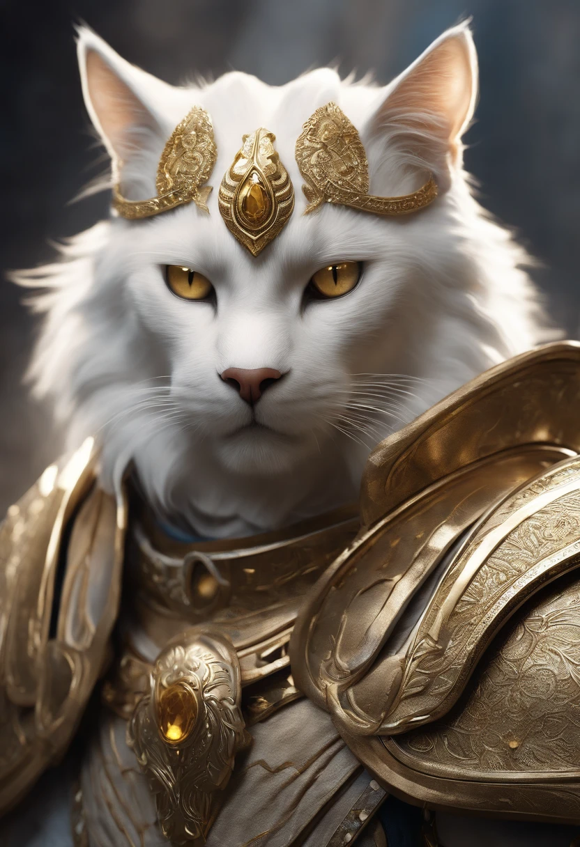 render of a concept art of a cat warrior + a cat wearing gold armour + eyes that look up + body with no face, glowing yellow eyes + magical + fantasy + elegance + glow + soft light + scare + viking + myth + lion + horns + warrior + white + blue + gold + ivory, + cinematic, 8k, Ultra realistic, Extreme details ,