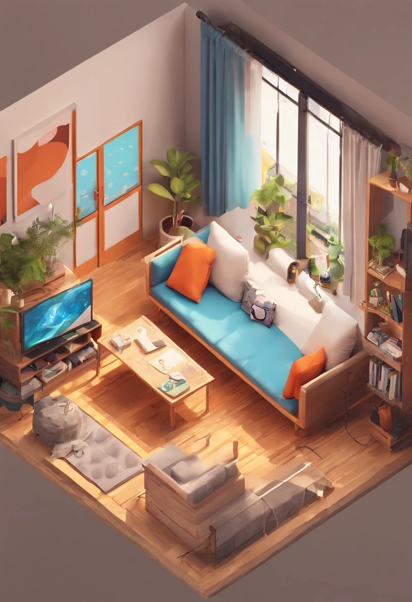 (Isometric perspective:1.5),(Pixar style:1.2), Room, bed, sofa,(small bonsai:0.8),desk lamp, TV, mural, 3D,Disney,Panoramic photo,White background, solid background,Global illumination, raytracing, modeling,HDR,octane render,unreal render,behance,dribbble,artstation,best quality, 8k