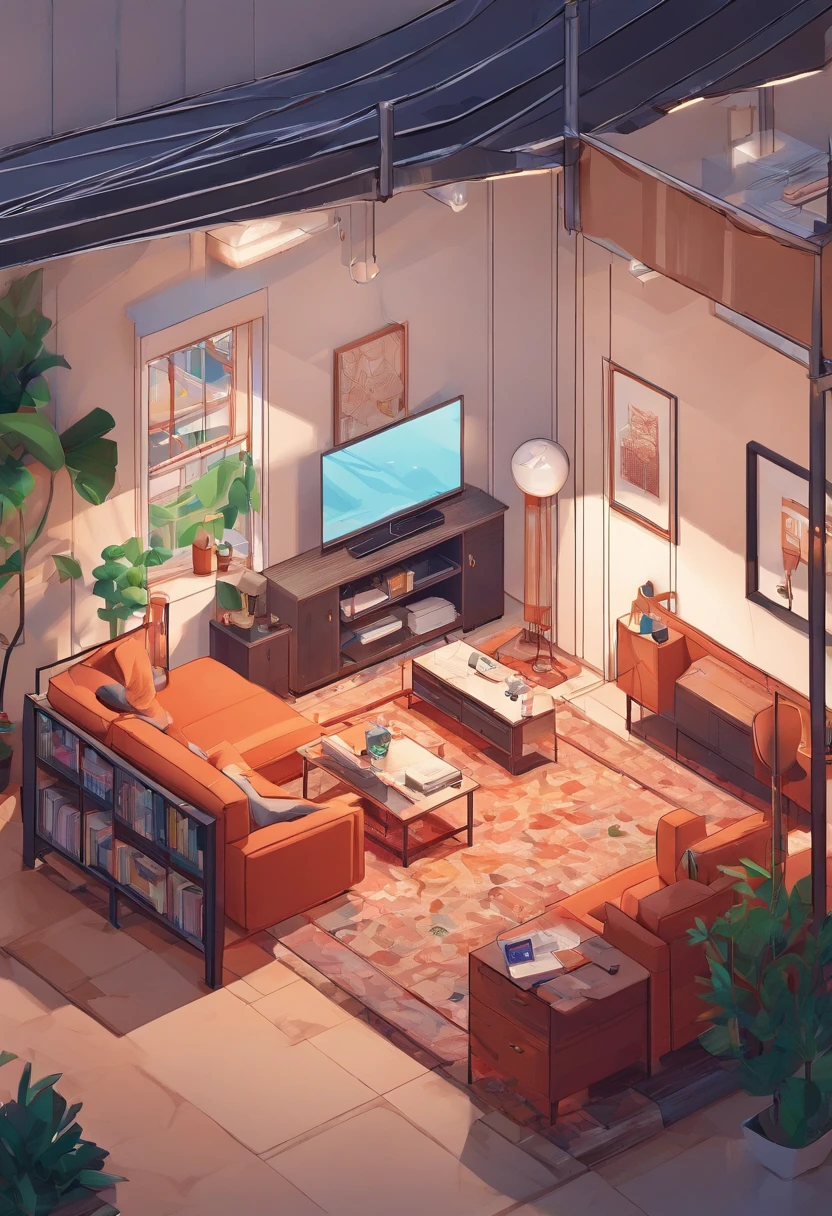 (Isometric perspective:1.5),(Pixar style:1.2), Room, bed, sofa,(small bonsai:0.8),desk lamp, TV, mural, 3D,Disney,Panoramic photo,White background, solid background,Global illumination, raytracing, modeling,HDR,octane render,unreal render,behance,dribbble,artstation,best quality, 8k