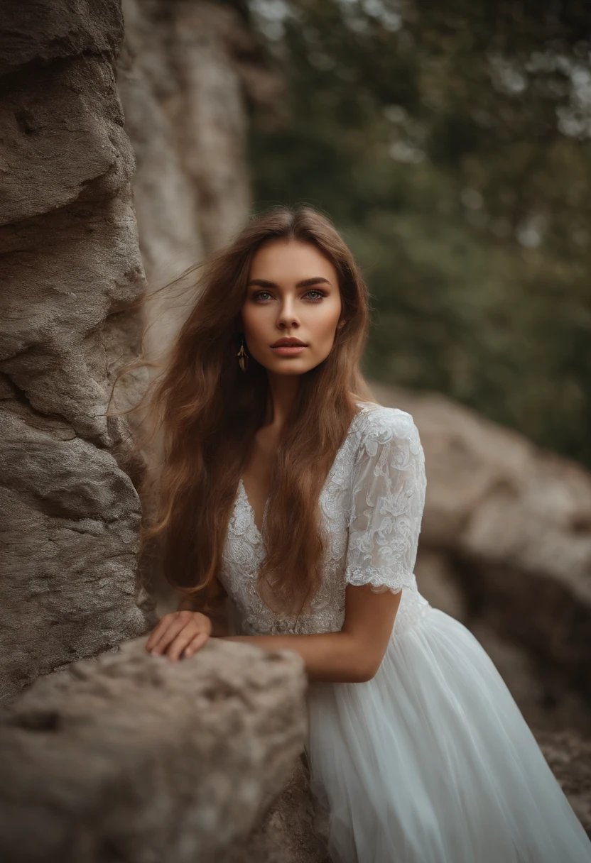 Femme arafed avec de longs cheveux et un haut blanc debout devant un mur de pierre, fille aux cheveux bruns, Elle a environ 1 6 ans, Pokimane, cheveux fluides debout sur un rocher, aux cheveux longs, jeune belle femme, soft portrait shot 8 k, Anna Nikonova alias Newmilky, Alina Ivanchenko, Photo de la jeune femme