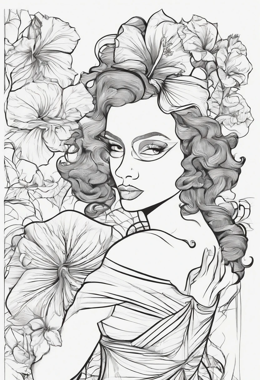 Black and white stick figure 1 girl with hibiscus flower in background, in dress with flowers, its fine ink line art, comic style, portrait of ploynesian girl, Marilyn Munroe, Hollywood glam, beautiful line art, black and white comic style, manga style, manga art style, pencil and ink caricature drawing, black and white coloring --auto