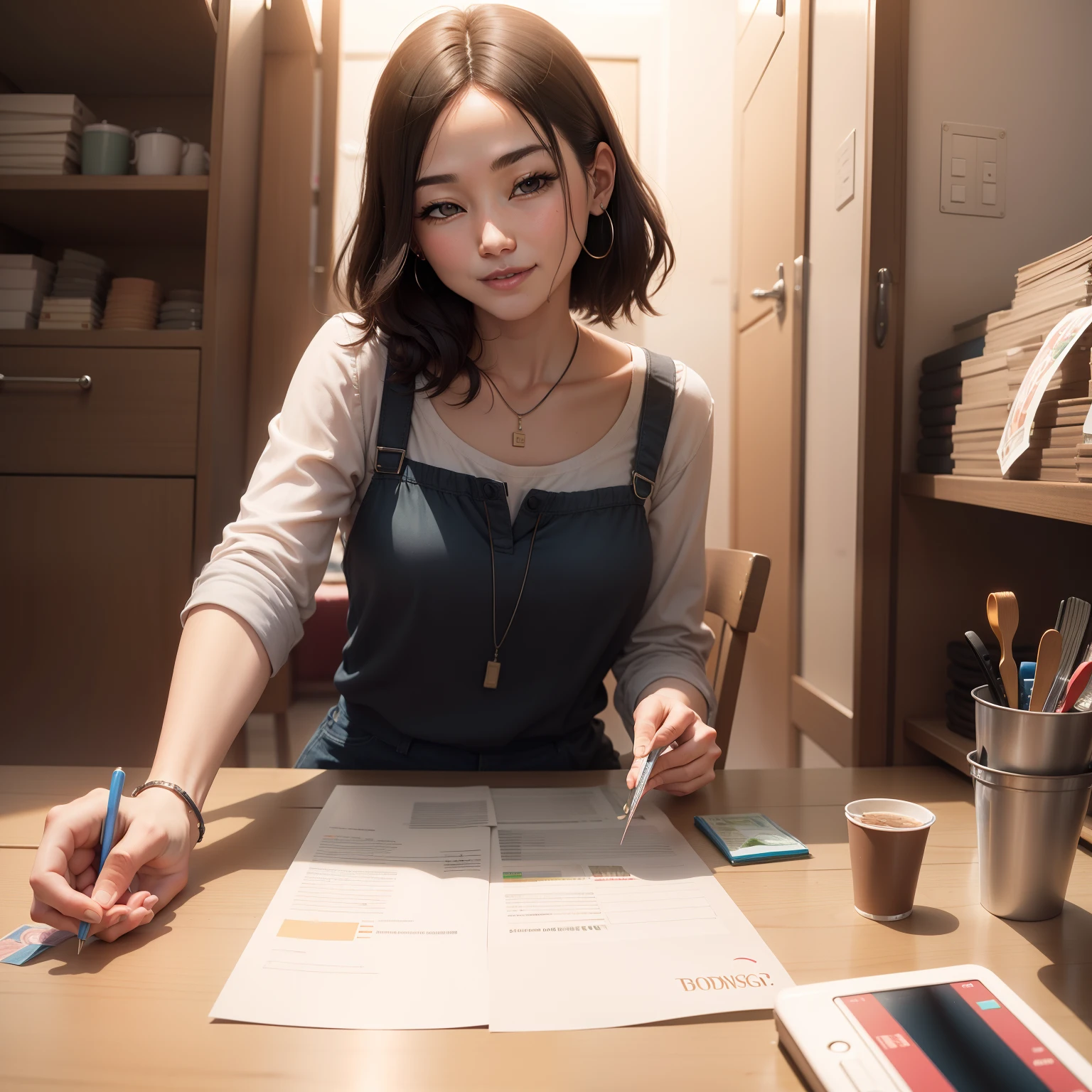 Minimalist study，Short-haired college girl，Delicate makeup，The girl sits at the desk，There is a tablet on the desk，Pen，Several pens are inserted in the pen holder，The background is a white wall，There are some pictures hanging on the wall，College girls are facing the camera，70 focal length，F2.8,High-pitched picture，Majin screen，Department of Art，Side backlight，High short tone picture --auto