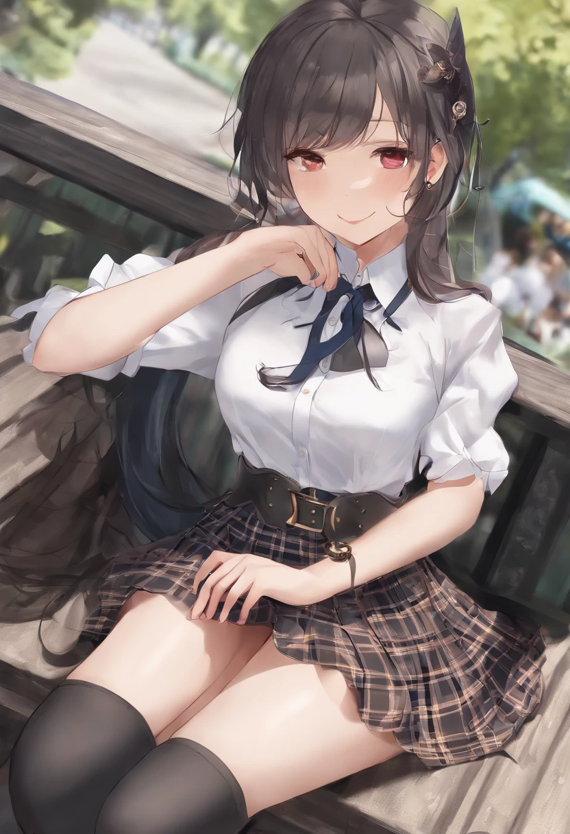 Full body, 1girl in, Bangs, Black Choker, black necktie, Black hair, Blue skirt, blush, 手链, breasts, Choker, clothes around waist, 鎖骨, Collared shirt, dress shirts, ear piercings, eyebrows visible through hair, Gradient Hair, grin, gals, Jewelry, Kogal, Long hair, Looking at Viewer, loose necktie, neck tie, Piercing, Plaid, plaid skirts, Pleated skirt, Red Eyes, Ring, School uniform, Shirt, Skirt, Smile, Solo, White shirt, Street, skyporn, cherryblossom, flower petals, (magazine:1.3), (cover-style:1.3), Fashionable, Woman, Vibrant, outfit, Posing, front, Colorful, Dynamic, Background, element in, which are full of confidence, expression, Holding, statement, accessory, An majestic, coiled, Around, Touch, Scene, Text, cover, Bold, captures the attention, titles, Stylish, Font, Catchy, headline, Larger, striking, Trendy, Focus, Fashion, Blonde hair, Very long hair, Halo, Hair Bow, Smile, longeyelashes, Cowboy Shot, Illustration, Modern, letterbox, One-person viewpoint, surrealism, masutepiece, Best Quality, nffsw, hight resolution, Anatomically correct, Textured skin, Super Detail, high details, retinas, masutepiece, ccurate, 4K
