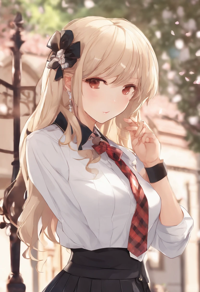 Full body, 1girl in, Bangs, Black Choker, black necktie, Black hair, Blue skirt, blush, 手链, breasts, Choker, clothes around waist, 鎖骨, Collared shirt, dress shirts, ear piercings, eyebrows visible through hair, Gradient Hair, grin, gals, Jewelry, Kogal, Long hair, Looking at Viewer, loose necktie, neck tie, Piercing, Plaid, plaid skirts, Pleated skirt, Red Eyes, Ring, School uniform, Shirt, Skirt, Smile, Solo, White shirt, Street, skyporn, cherryblossom, flower petals, (magazine:1.3), (cover-style:1.3), Fashionable, Woman, Vibrant, outfit, Posing, front, Colorful, Dynamic, Background, element in, which are full of confidence, expression, Holding, statement, accessory, An majestic, coiled, Around, Touch, Scene, Text, cover, Bold, captures the attention, titles, Stylish, Font, Catchy, headline, Larger, striking, Trendy, Focus, Fashion, Blonde hair, Very long hair, Halo, Hair Bow, Smile, longeyelashes, Cowboy Shot, Illustration, Modern, letterbox, One-person viewpoint, surrealism, masutepiece, Best Quality, nffsw, hight resolution, Anatomically correct, Textured skin, Super Detail, high details, retinas, masutepiece, ccurate, 4K