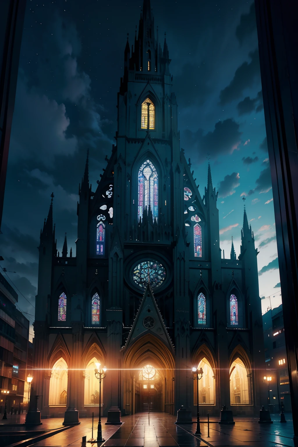 Twilight Cathedral, catedral, vitral colorido do mosaico, nuvens outhere, Tempo na nuvem, catedral branca, tempo de chuva, 4k