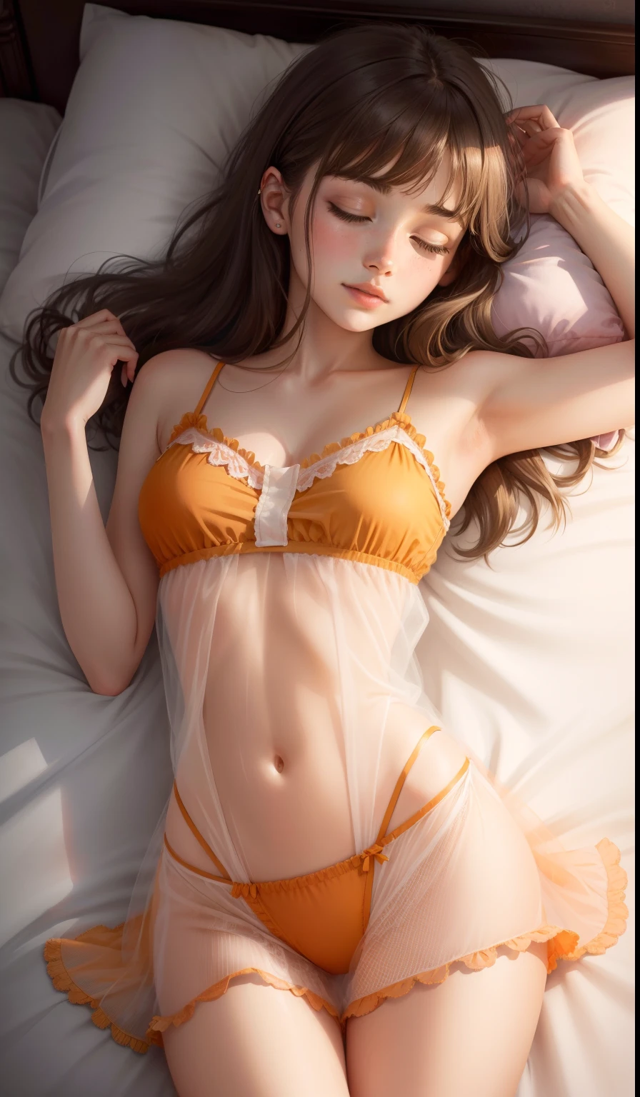 Sleeping Girl, 18 years old, Realistic, Wearing orange panties and transparent nightgown, Open legs, Expressions of satisfaction and relief, Brown hair. Pink bed theme and some cute stuffed animals on the bed,An ultra-high picture quality,high-detail,Awaken,