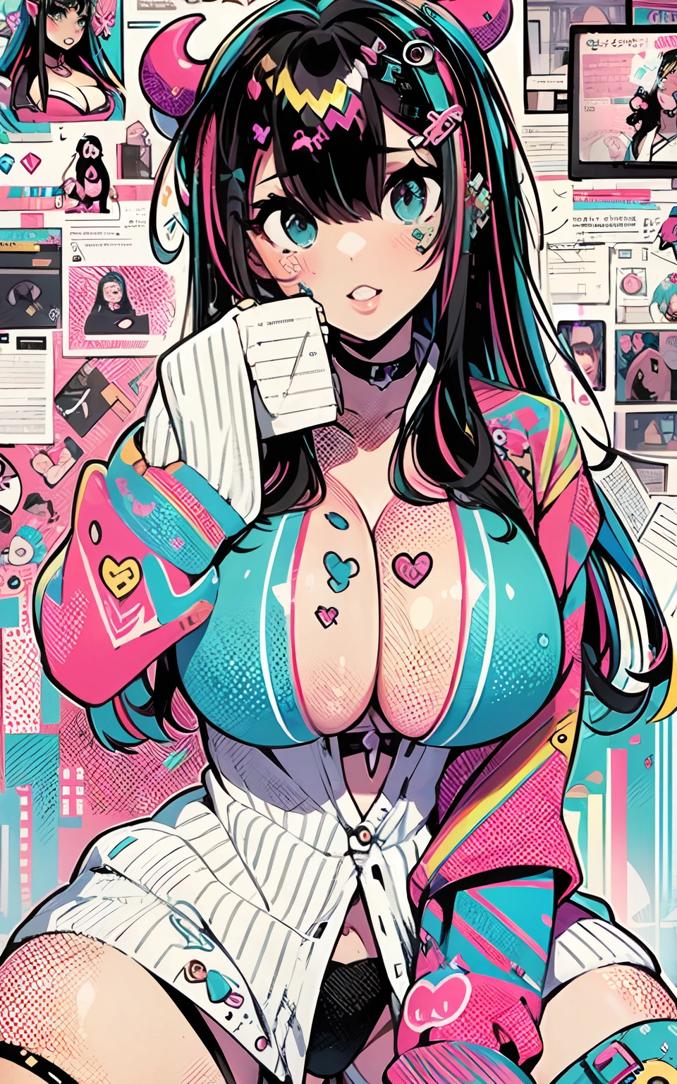 " black hair with rainbow streaks in it kawaii, cute, adorable woman with pink, black and rainbow color scheme. She is dressed in sky-themed clothes made out of clouds and sky motifs. Her outfit is fluffy and soft, with decora accessories like hairclips. She embodies the vibrant and trendy Harajuku fashion style.", horns, demon wings, big boobs,big ass, big lips, juicy lips, huge hair, glitching, glitchy, hacking, computer,digital, sexy, big breasts, cleavage, big ass, tounge out, saliva, {{juicy lips}}