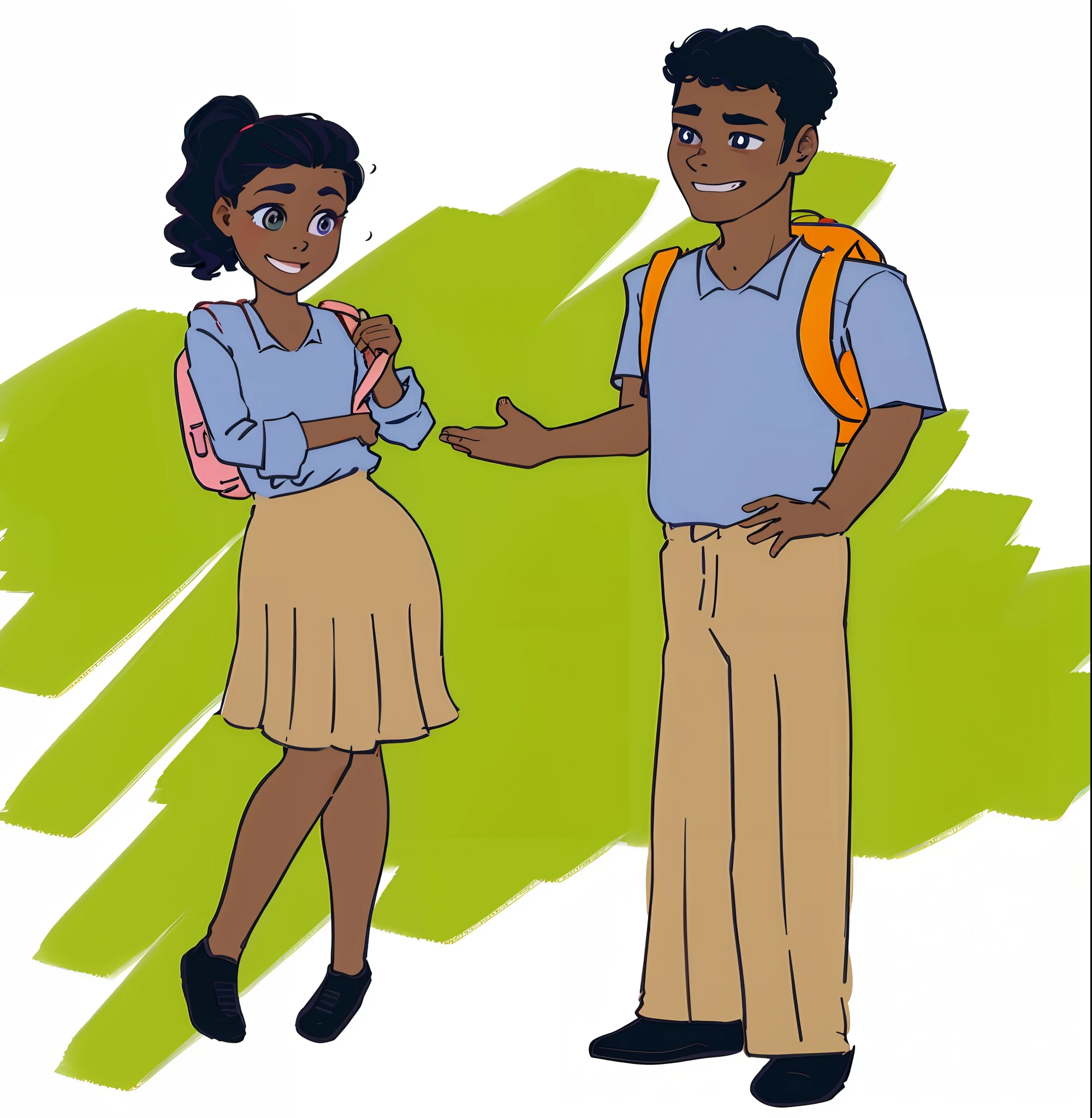 Desenhos animados de alunos conversando , um homem e uma mulher jovens bonitos , illustration style, mochila e uniforme , escola
