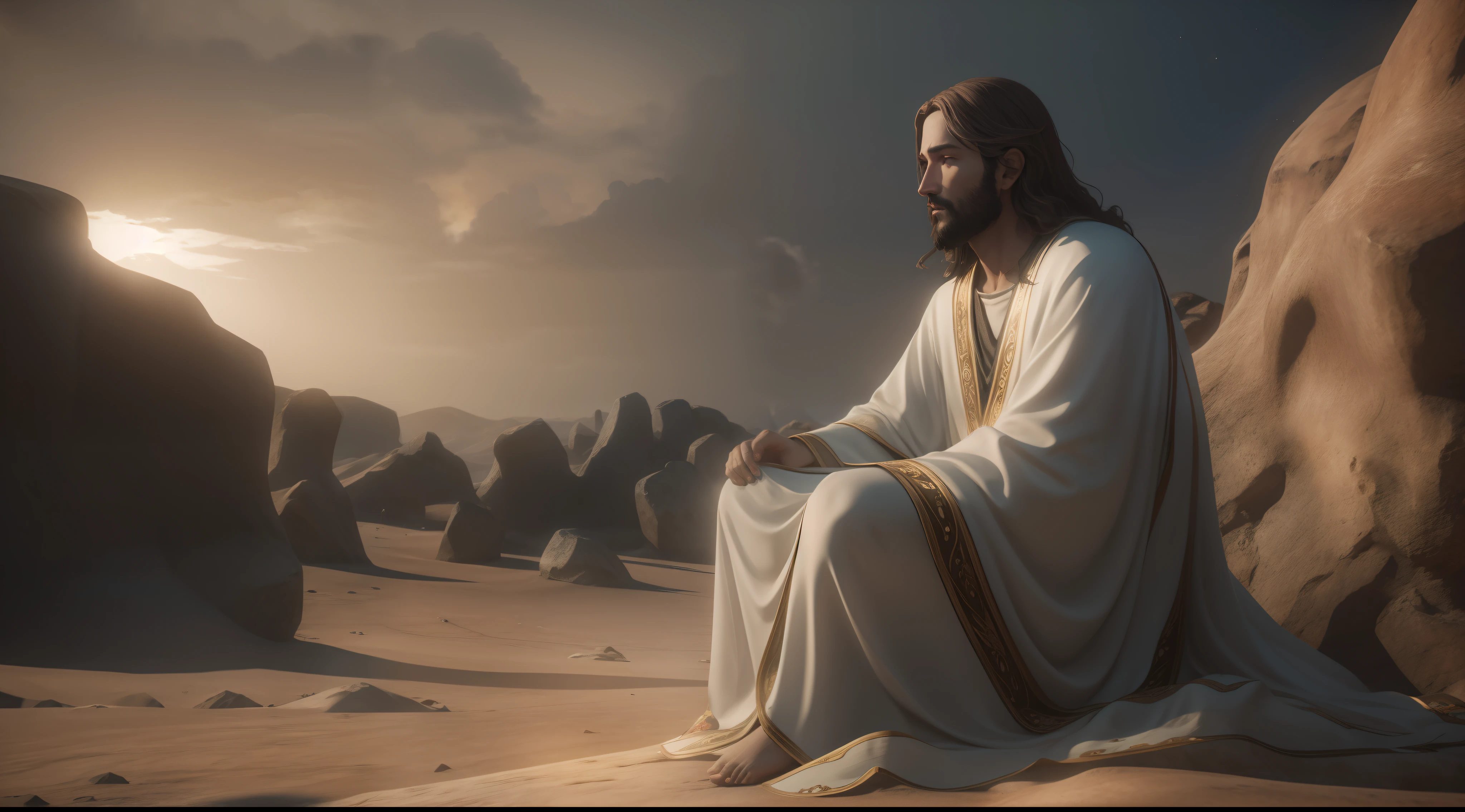 Jesus sitting on a stone with a kiss robe, em um lugar deserto.  There are hundreds of disciples listening , 0s twelve apostles are talking about teachings. centenas de pessoas ao fundo ouvem ao fundo. o mar e nuvens nebulosas. imagem realista unreal engine 5.