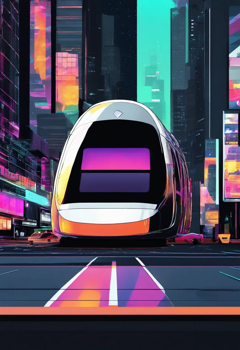 :Vehicule du futur en noir round like a space capsule front windsheld straight blike a bus familiy friendly background city by night fluo50 --s 2