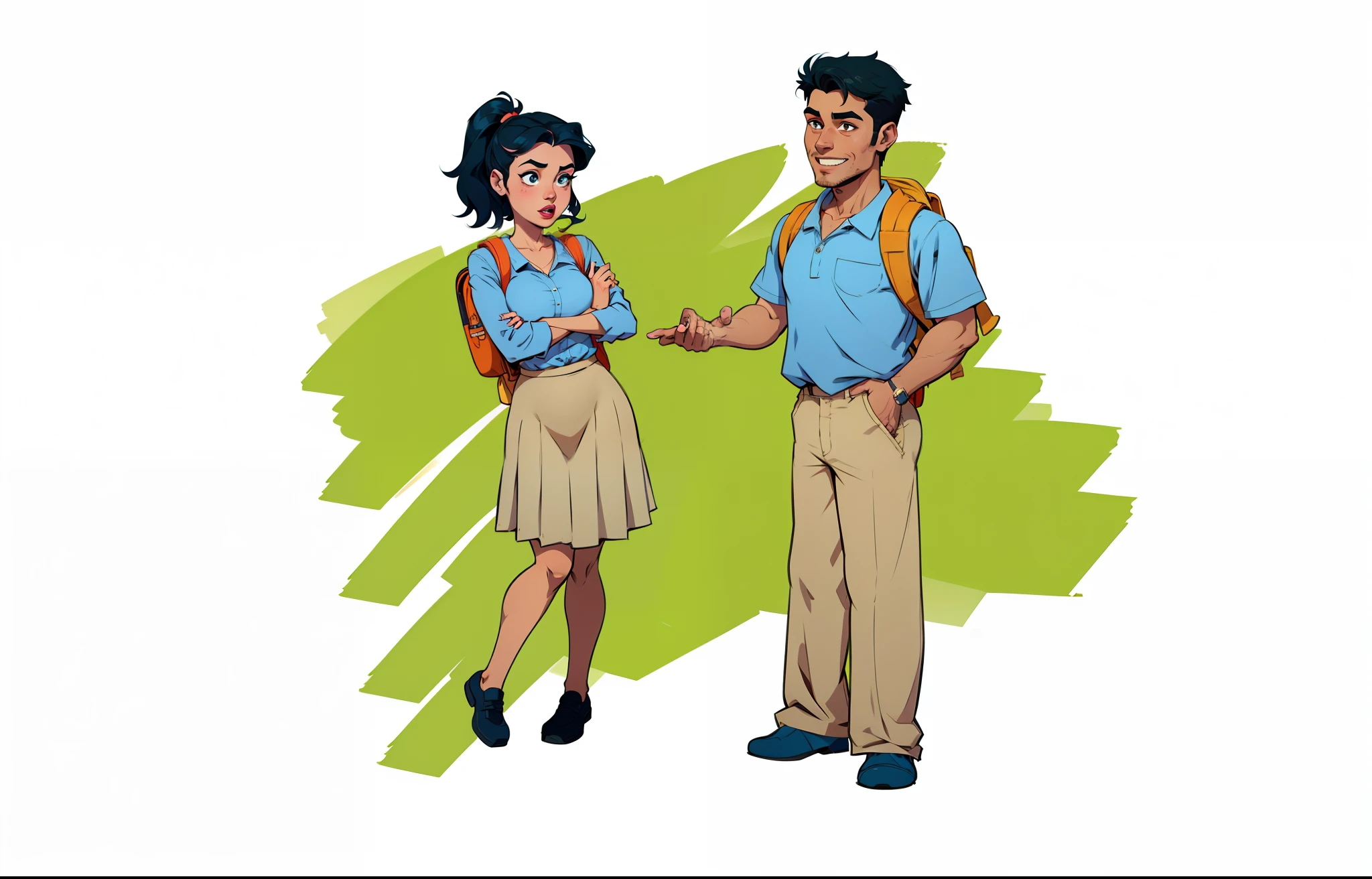 Desenhos animados de alunos conversando , um homem e uma mulher jovens bonitos , illustration style, mochila e uniforme , escola