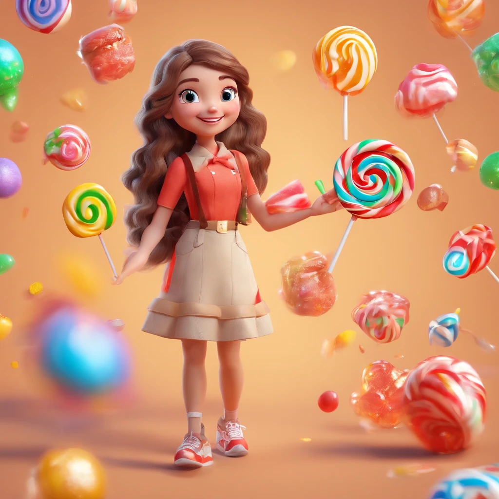cute, adorable, smiling girl holding a bag full of candies, candies flying all around her, lollipop, chocolate, Pixar, disney, cinema lighting, gaming, 8k, magic, love, happy