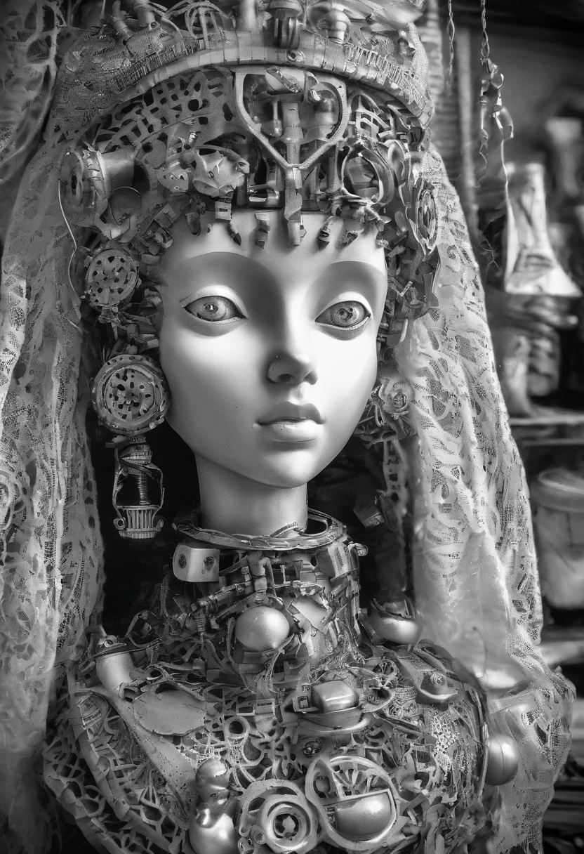 closeup dramatic face of abandoned roboarmillary doll in the old shop, photography nostalgic