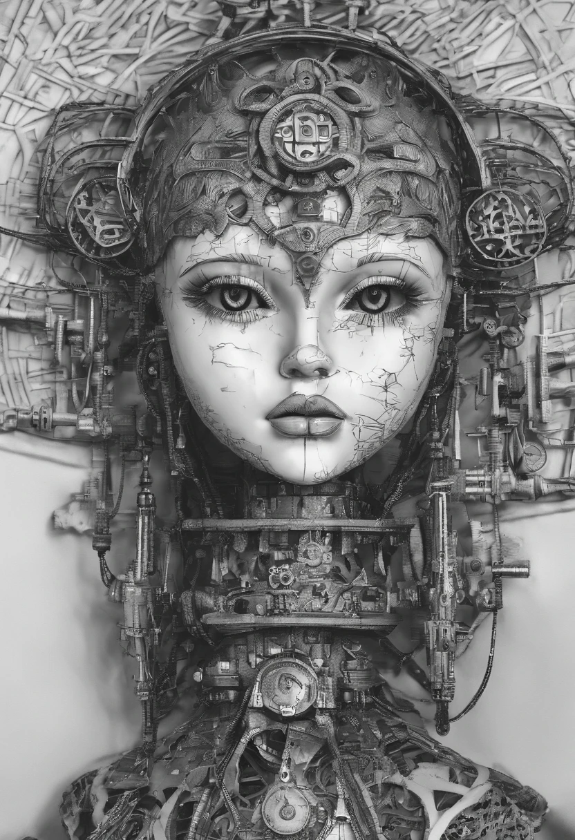 closeup dramatic face of abandoned roboarmillary doll in the old shop, photography nostalgic