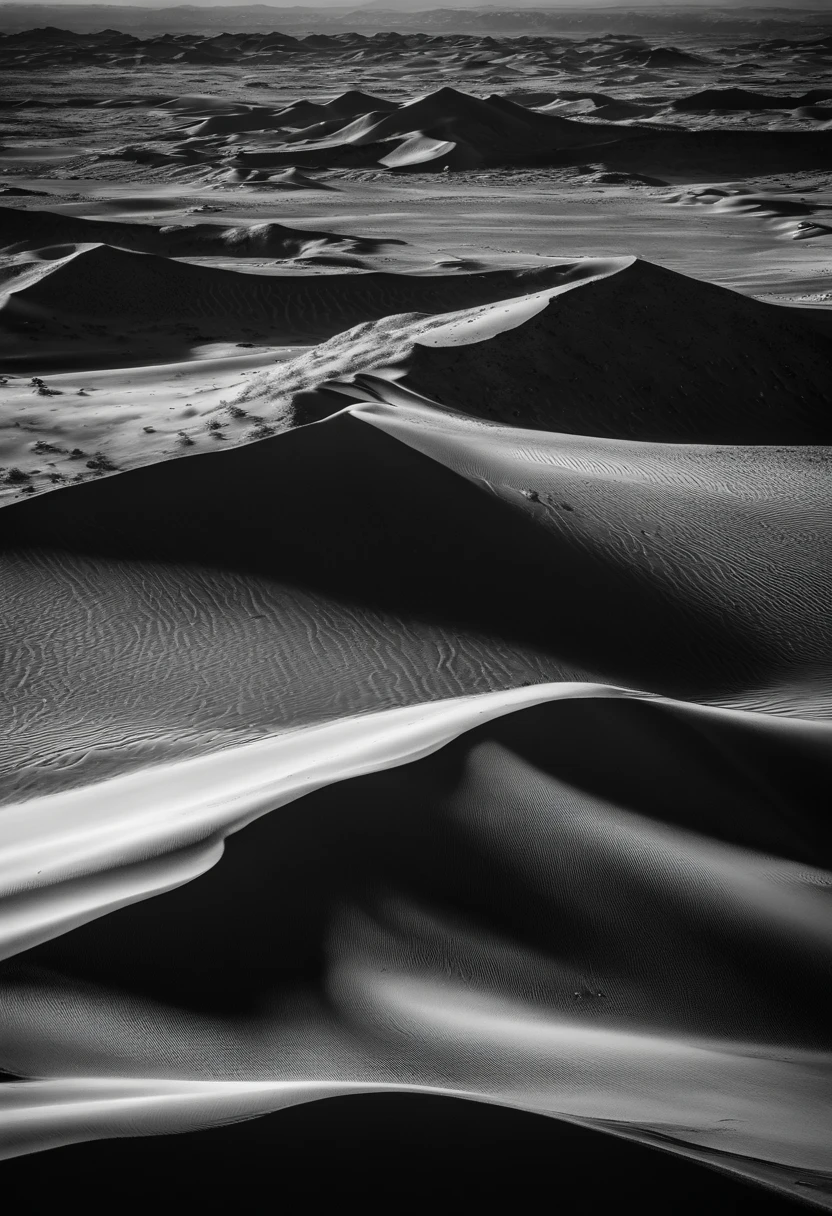national geographics award winning monochrome photo of aerial view of desert dunes, distant dunes visible at the top with clouds in the sky, in the style of contoured shading, highly detailed large format photography, HDR