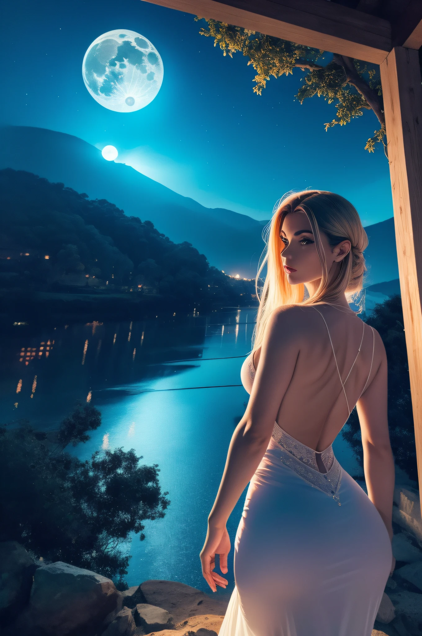 ( Qualidade 8k ), ( Melhor qualidade ), ( Ultra HD ), ( Anatomia do personagem perfeita ), ( perfect lighting ), ( Foto corpo inteiro 8k ), ( Detalhamentos perfeitos ), ( Detalhes do personagem perfeitos ), ( Details of the perfect setting ), ( Obra Prima ), ( Simetria do rosto do personagem perfeito ), ( Construction of the body of the delicate woman character ), Uma linda bruxa, cabelos lisos azuis, olhos rosas, com corpo perfeito, rosto perfeito, torso, pernas, Arms, usando um lindo vestido rosa longo e formal reluzente, com capuz, com um manto sobre seu vestido, (( Manto intrincado )), (( Mantle fluttering in the wind )), raising one hand to the moonlight evoking rays of the Blue Full Moon, (( Evocar Raios )), (( cinematographic effect )), beautiful countryside setting with forest background at night of Blue Full Moon