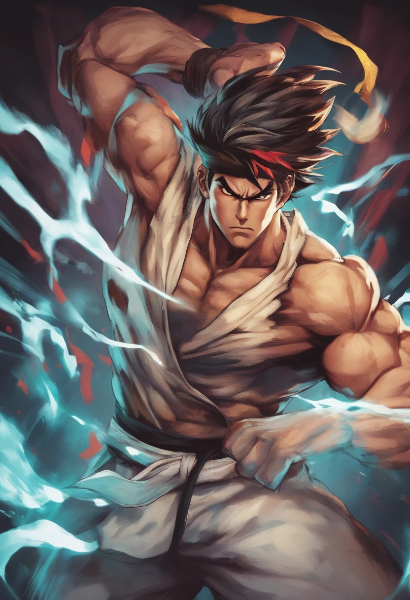 (melhor qualidade, efeito de desenho animado impressionante, Ryu launching a powerful Hadouken)