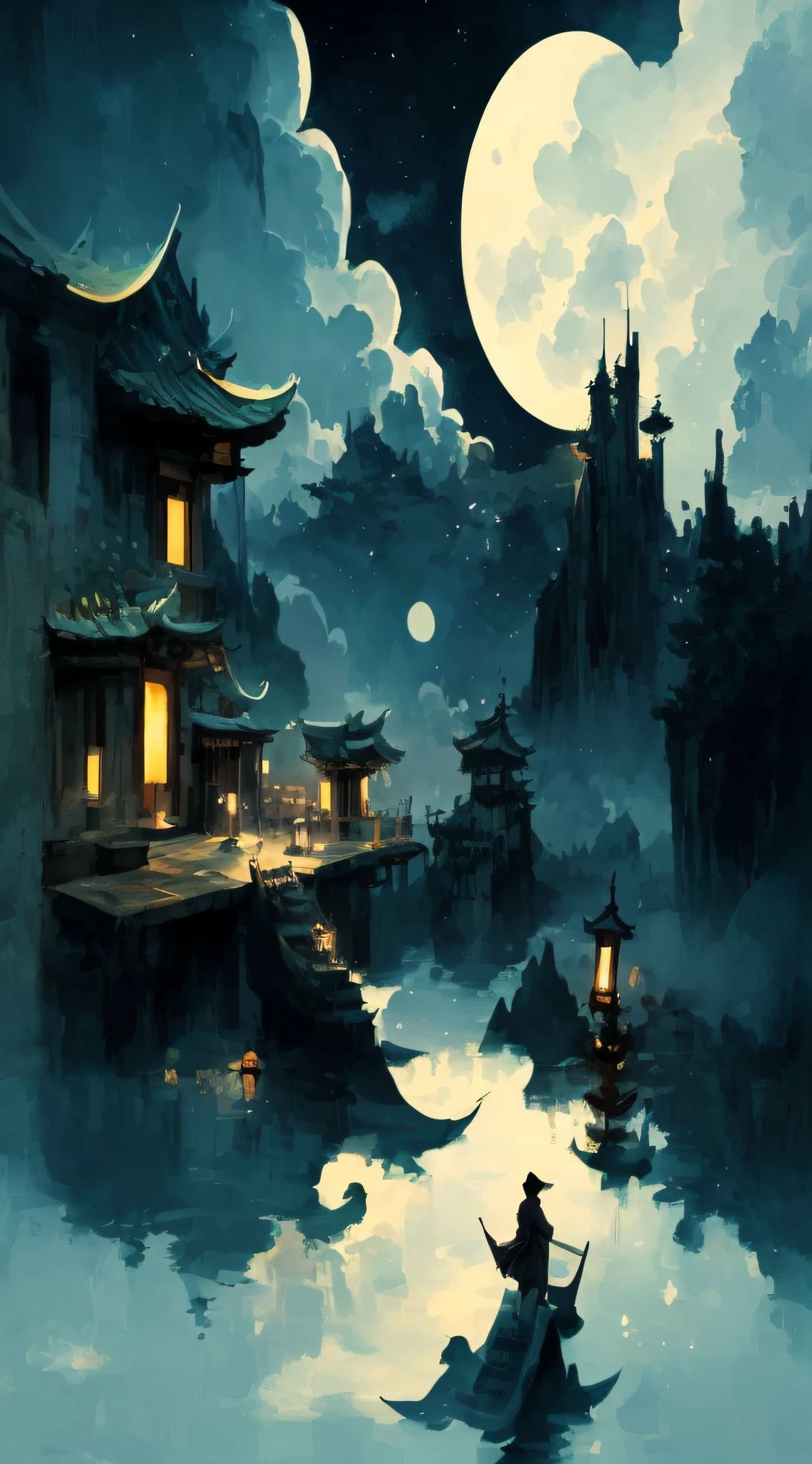 Draw a man on the river at night in a boat, dreamy Chinese towns, calm evening. Digital illustration, A beautiful artwork illustration, Chinese fantasy, by Yang J, andreas rocha style, author:Qu Leilei, By Li Song, author:Song Xu, inspired by Andreas Rocha, dreamlike digital painting, nighttime scene, Inspired by Fenghua Zhong