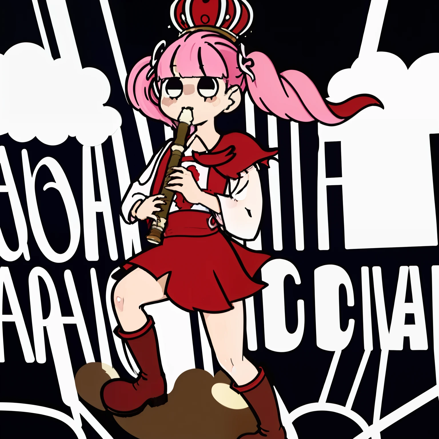 PeronaChan, 1girl, pink hair, black eyes, blunt bangs, drill hair, red lipstick, twintails, crown, black and white stockings, red boots, red capelet, white shirt with sleeves, red skirt, perfect anatomy, solo, kyoufuu all back, simple background, holding, standing, full body, instrument, playing instrument, holding instrument, recorder