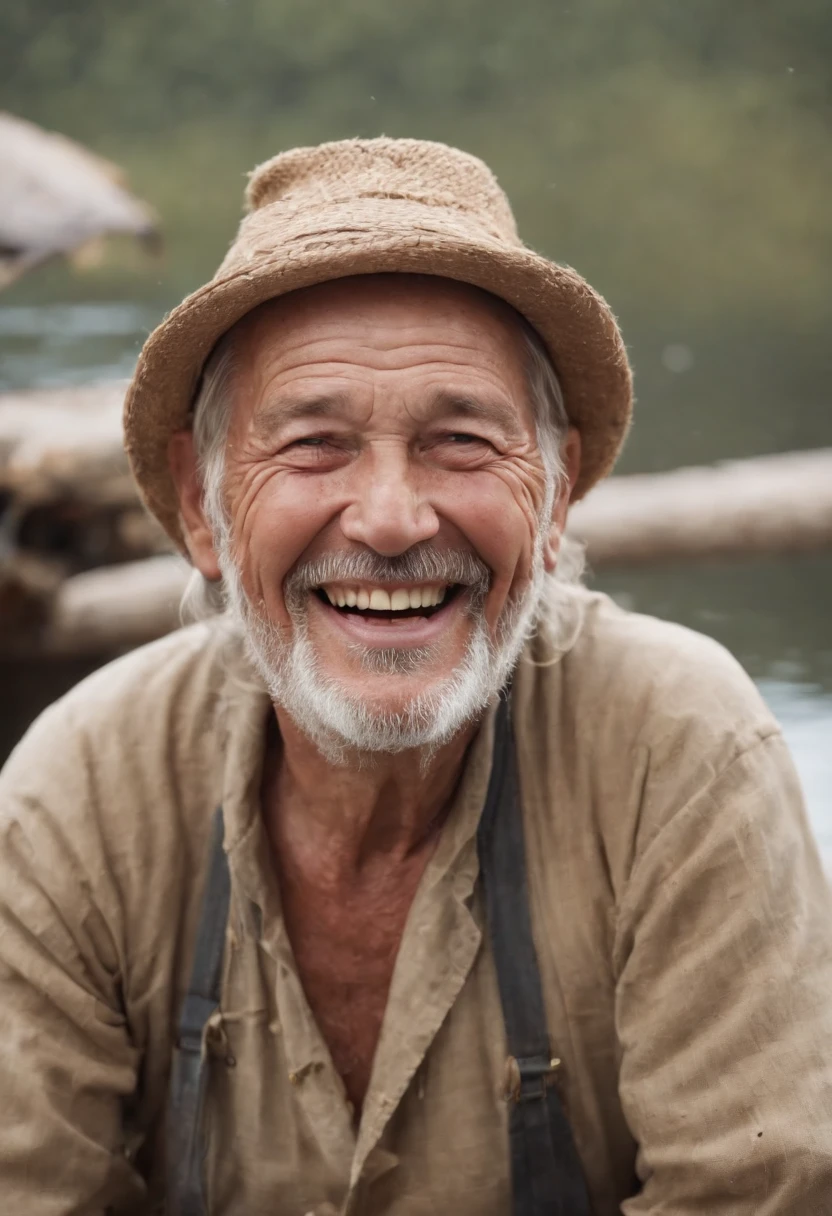 old fisherman laughing a lot at funny jokes, rindo muito