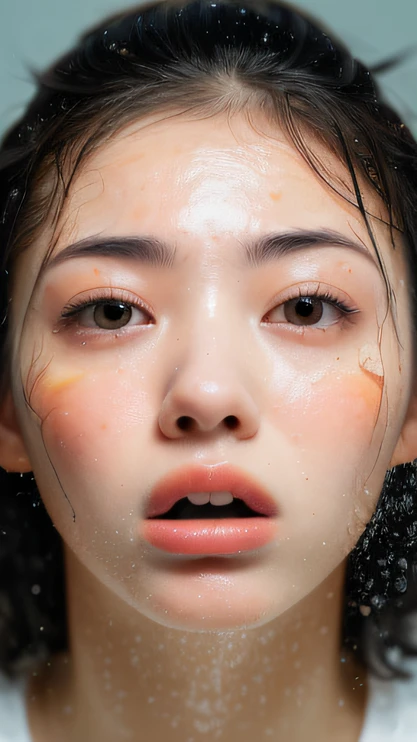 ((top quality, 8k, masterpiece: 1.3)), woman (naked in hot springs), sweating, water droplets on forehead of face, outdoors, background urban cityscape, overhead camera, sharp focus: 1.2, cute woman: 1.4, (((layered haircut)), (white shirt), very detailed face and skin and hair texture, knotted black hair, wet texture hair, wet body, detailed eyes, Double eyelids, white skin, beautiful legs, beautiful delicate nose, cute young Japan woman, 28 years old, with dynamic angles, it is pleasing to the eye and suggestive composition, while emphasizing the subject's hair, eyes, mouth and action, while exuding melancholy emotions characterized by a contrasting mix of calm tones and light and shadow.