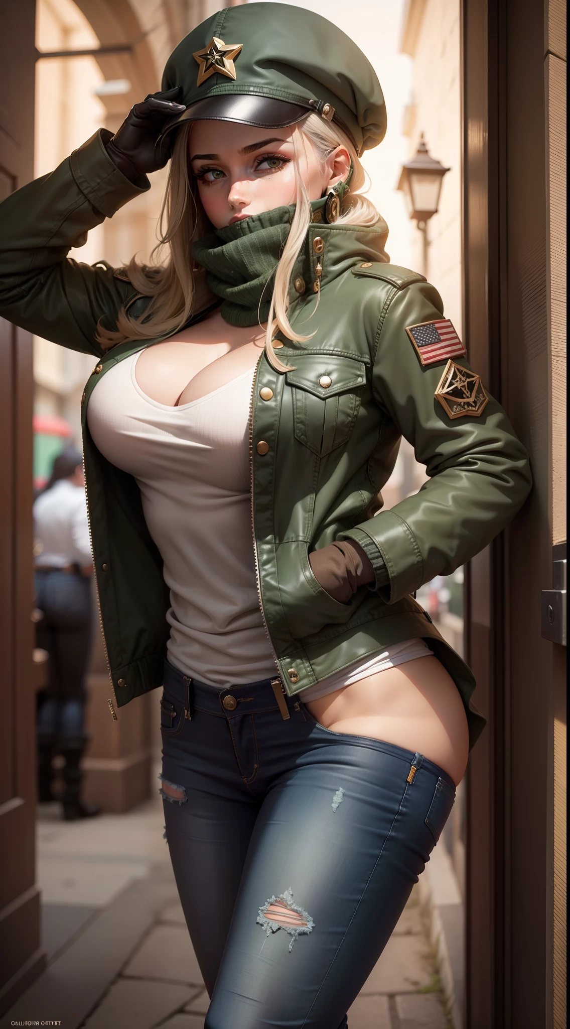 Sexy Mulher Grandes Seios Jeans Jaqueta Verde Bota Militar Colete Mulher balaclava Capacete Militar NSFW