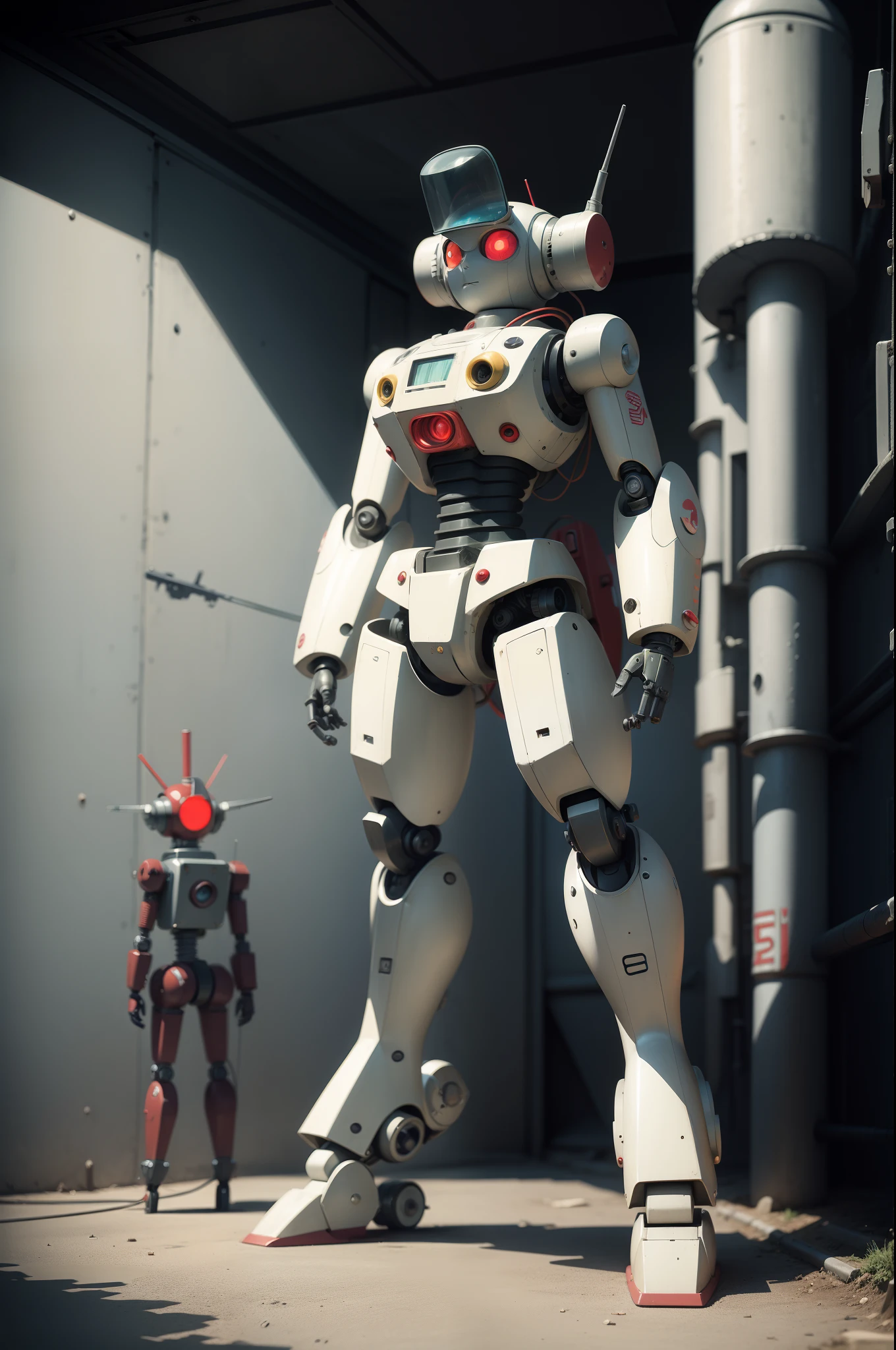 50’s Anime style robot made from Guns Parts. in the style of 50's vintage anime, surrealism, akira. anime line art.