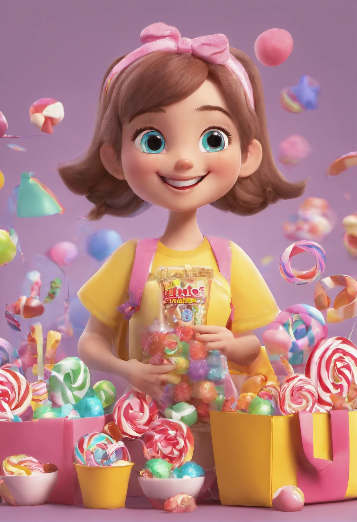 cute, adorable, smiling girl holding a bag full of candies, candies flying all around her, lollipop, chocolate, Pixar, disney, cinema lighting, gaming, 8k, magic, love, happy