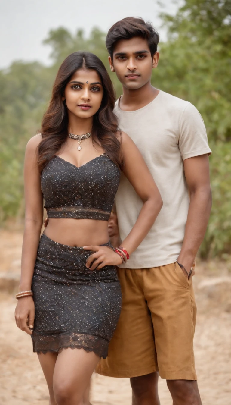 one indian teenage boy standing with a beautiful indian lady, indian lady in a mini skirt crop dress, big boobs, both looking at the viewer, standing pose, ground in background