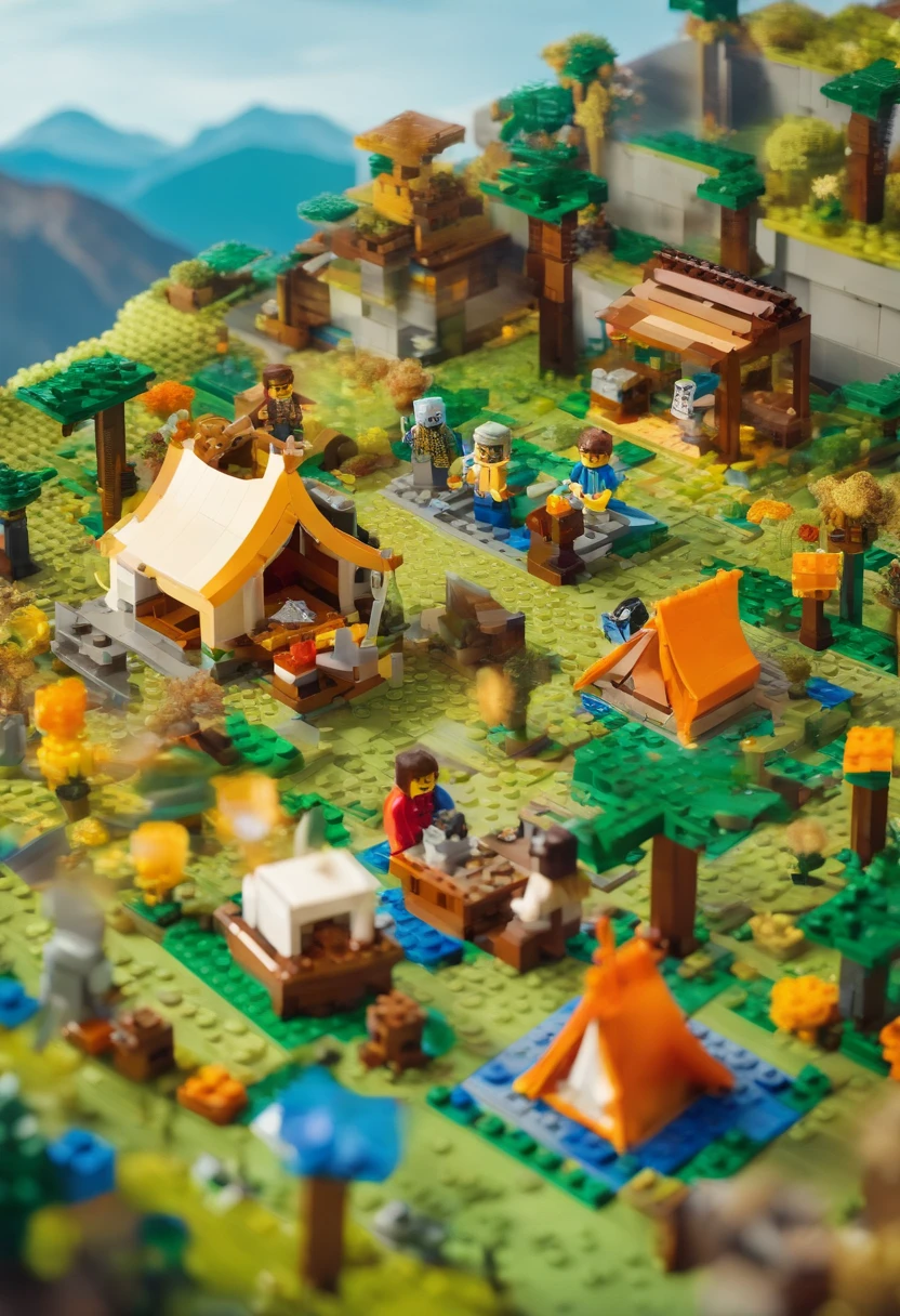 shot in oblique movement, with shallow depth of field and high resolution, key visual, editorial photography, epic, super gorgeous, intricate details, minimalist movie still, bright vibrant colors, + cinematic lens + surrealism, Close up of a tent on a spring hillside, people camping outdoors, picnic mats full of food, they are happy to enjoy the time, made of LEGO bricks, LEGO style