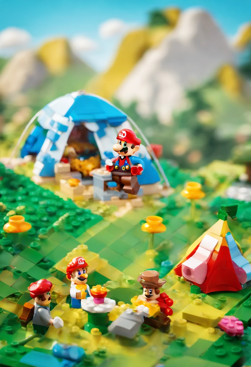 shot in oblique movement, with shallow depth of field and high resolution, key visual, editorial photography, epic, super gorgeous, intricate details, minimalist movie still, bright vibrant colors, + cinematic lens + surrealism, Close up of a tent on a spring hillside, people camping outdoors, picnic mats full of food, they are happy to enjoy the time, made of LEGO bricks, LEGO style