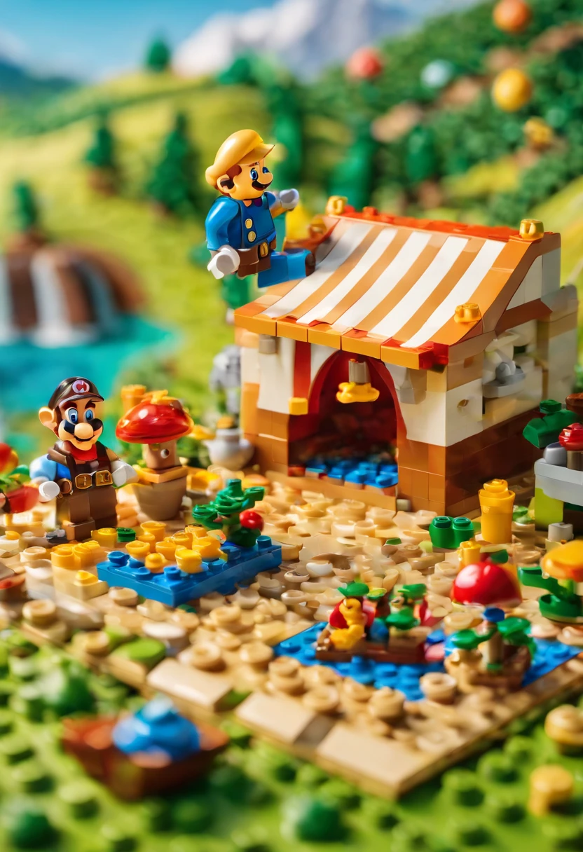 shot in oblique movement, with shallow depth of field and high resolution, key visual, editorial photography, epic, super gorgeous, intricate details, minimalist movie still, bright vibrant colors, + cinematic lens + surrealism, Close up of a tent on a spring hillside, people camping outdoors, picnic mats full of food, they are happy to enjoy the time, made of LEGO bricks, LEGO style