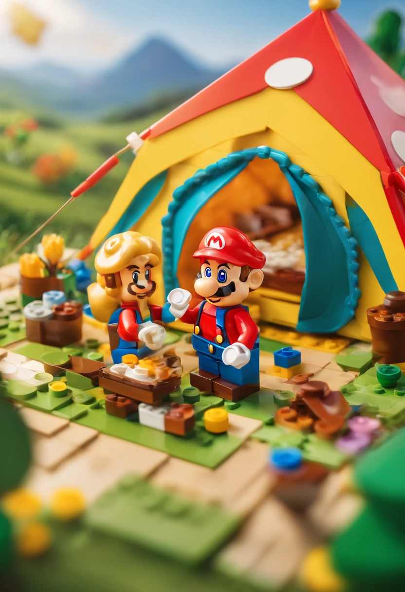 shot in oblique movement, with shallow depth of field and high resolution, key visual, editorial photography, epic, super gorgeous, intricate details, minimalist movie still, bright vibrant colors, + cinematic lens + surrealism, Close up of a tent on a spring hillside, people camping outdoors, picnic mats full of food, they are happy to enjoy the time, made of LEGO bricks, LEGO style