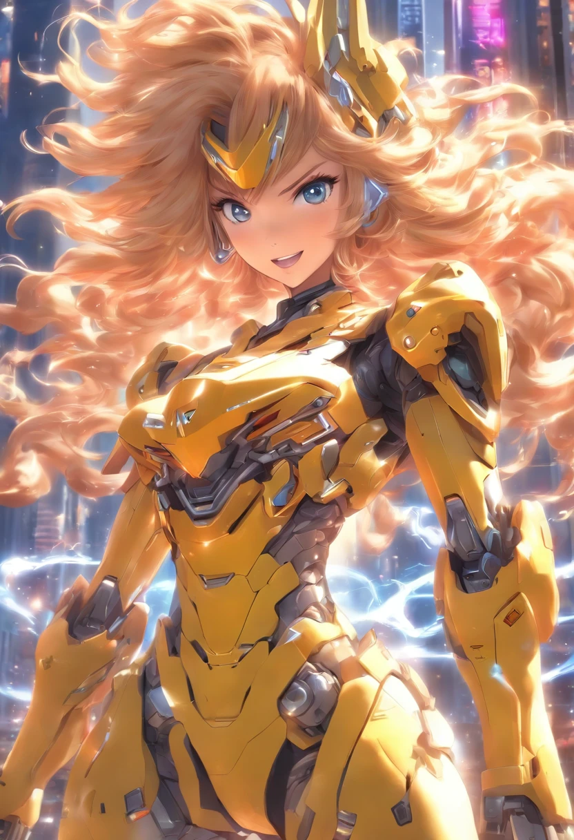 snfw,nude,nipple,spread vagina,on the bed,best quality, ultra detailed 8k cg render, masterpiece, high resolution, extremely detailed,
1 girl, solo, , blond hair, wavy long hair, blue eyes, full body, fighting pose, flying, (small breasts:1.2), big smile,
bare shoulder, glow white, mecha musume, mechanical leg, headgear, yellow armor, in SFcity