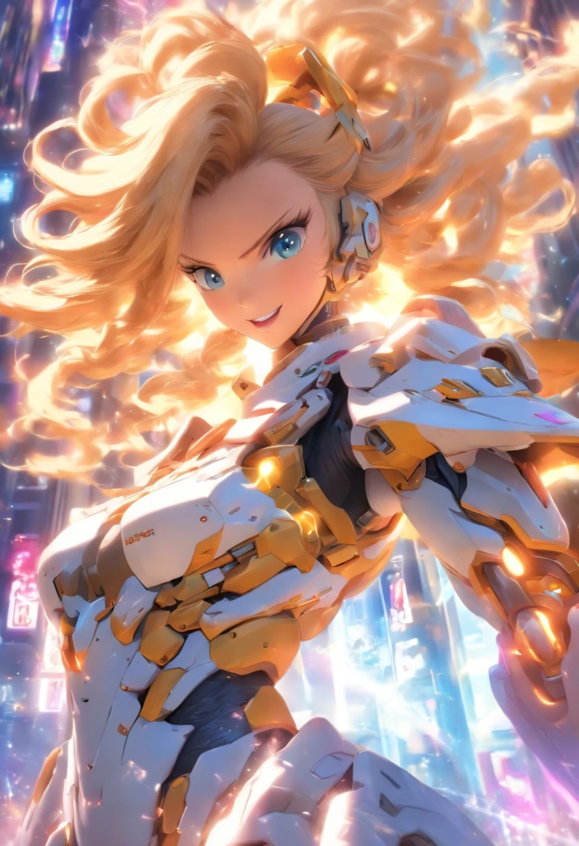 snfw,nude,nipple,spread vagina,on the bed,best quality, ultra detailed 8k cg render, masterpiece, high resolution, extremely detailed,
1 girl, solo, 17 years old, blond hair, wavy long hair, blue eyes, full body, fighting pose, flying, (small breasts:1.2), big smile,
bare shoulder, glow white, mecha musume, mechanical leg, headgear, yellow armor, in SFcity