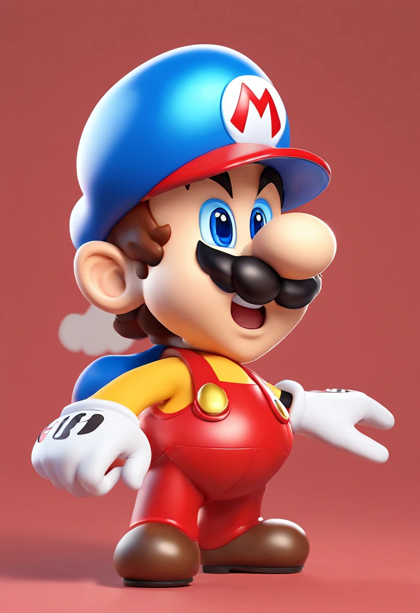 (Mario), character design, Nintendo Super Mario, (blue eyes, red hat, red suit, blue suspenders, white gloves, )super cute blind box style, chibi, full body, exaggerated expressions and actions, clean background, bright iridescent highlights, studio lighting, atmospheric lighting, with exquisite texture, high detail, high resolution, c4d, 3D, Blender, 8k, best quality, ultra high definition