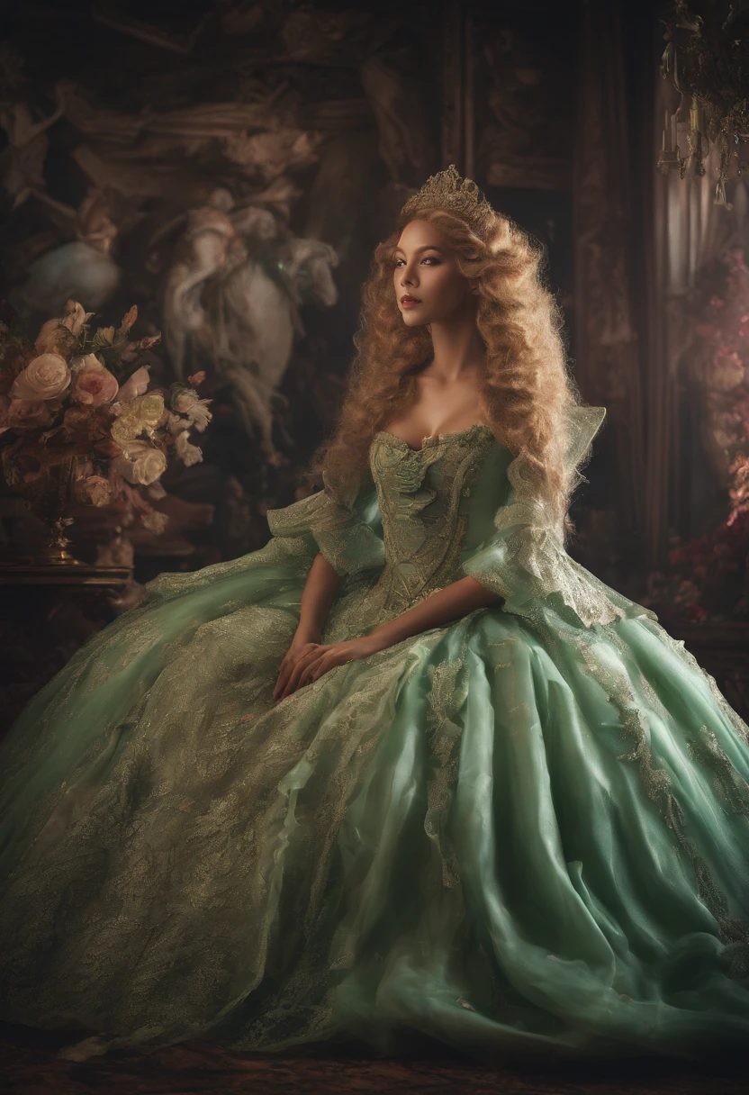 Two women, 18th century looks like Beyonce in a green ball gown with blond hair, blond hair kissing beautiful woman looks like Jessica alba red hair in white gown, 18th - century bedroom, canopy bed, dark mystical fantasy, rococo era, perfect fingers, nice hands, perfect hands, stunning realistic photograph, intricately detailed, cinematic, trending on artstation, hyperrealistic, awesome full color, dark, 12k, high definition, cinematic, Behance contest winner, portrait featured on Unsplash, stylized digital art, smooth, ultra high definition, 8k, unreal