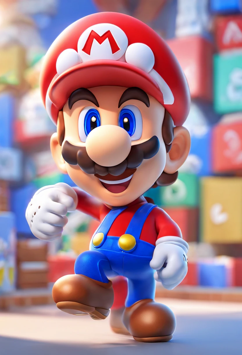 (Mario), character design, Nintendo Super Mario, (blue eyes, red hat, red suit, blue suspenders, white gloves, )super cute blind box style, chibi, full body, exaggerated expressions and actions, clean background, bright iridescent highlights, studio lighting, atmospheric lighting, with exquisite texture, high detail, high resolution, c4d, 3D, Blender, 8k, best quality, ultra high definition