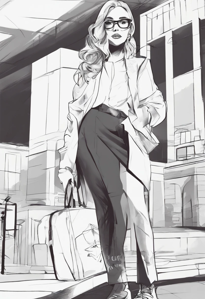 Drawing of a girl with glasses and a white shirt, line sketch!!, clean anime silhouette, wearing glasses, anime sketch, anime style, semi-realistic anime style, glasses, line sketch, girl with glasses, flat anime style shadow, realistic young anime girl, anime style drawing, intense line art, long hair anime girl, anime moe art style, fine clothes folds