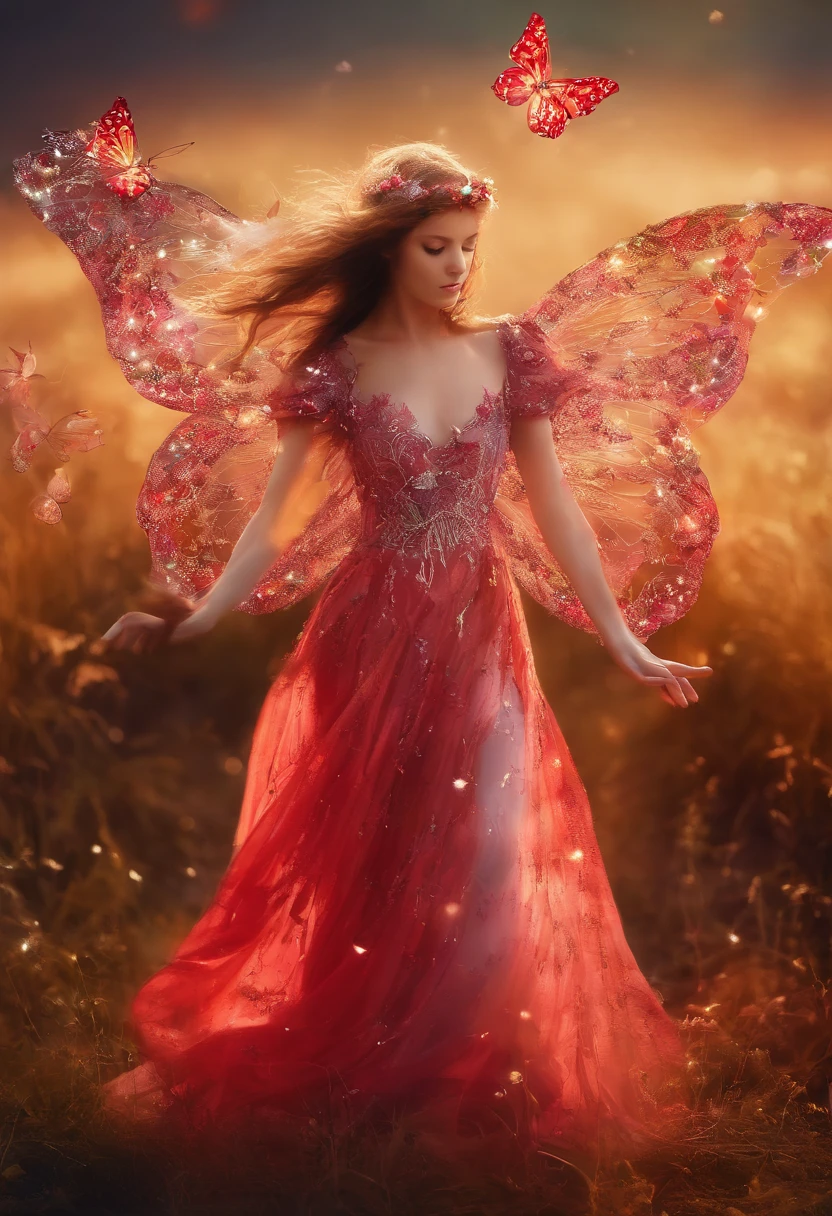 1girl in the red wery long dress is dansing in a field with glowing flowers, stars, butterflies, grass realism, beautiful lighting, magic, fantasy of silver time, photography - - q 2