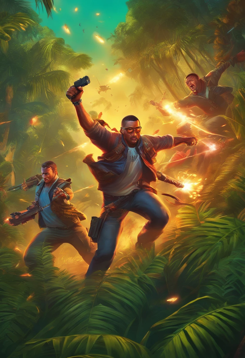 (high quality), photorealistic, (oil painting)
(dynamic pose), towards right,dynamic, cinematic, dramatic camera angle
Warriors charging forward to fight. Jungle scene with magic in the air and fireflies