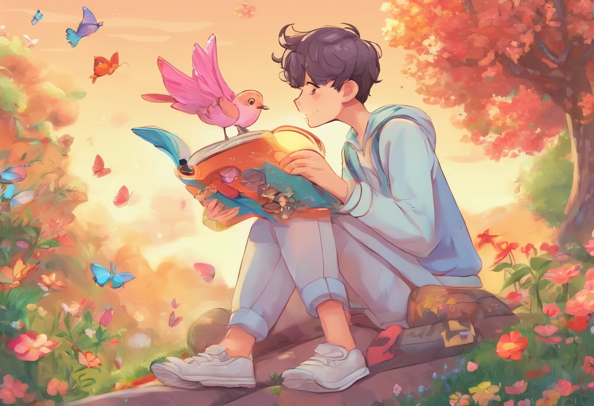 Boy and a hijab girl read a book, in dreamland, nature, birds, butterfly, high quality, 16 k, masterpiece, cartoon, comic style