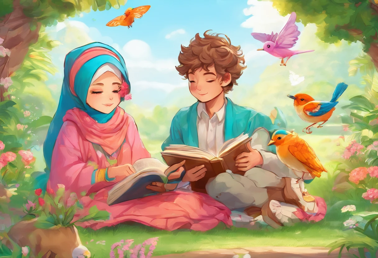 Boy and a hijab girl read a book, in dreamland, nature, birds, butterfly, high quality, 16 k, masterpiece, cartoon, comic style