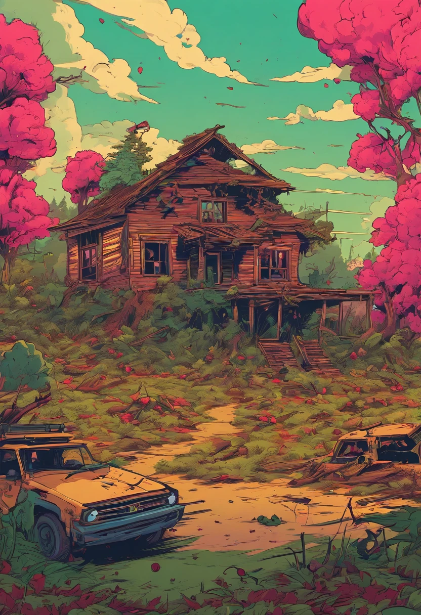 A forest filled with brush and fallen trees, with an abondoned European style house in the distant background, the battle field has dead zombies, guns laying on the ground dead soldiers, before sunset evening, overcast, damaged,