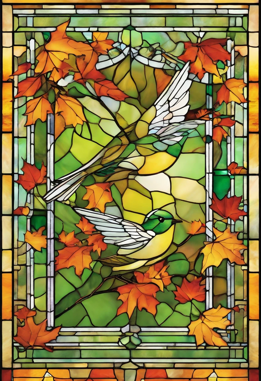 Two super cute green white-eye birds spread their wings and fly in the autumn maple leaves, maple red, flying birds, beautiful scenery, autumn, red maples flying, Bird long shot tracking photography