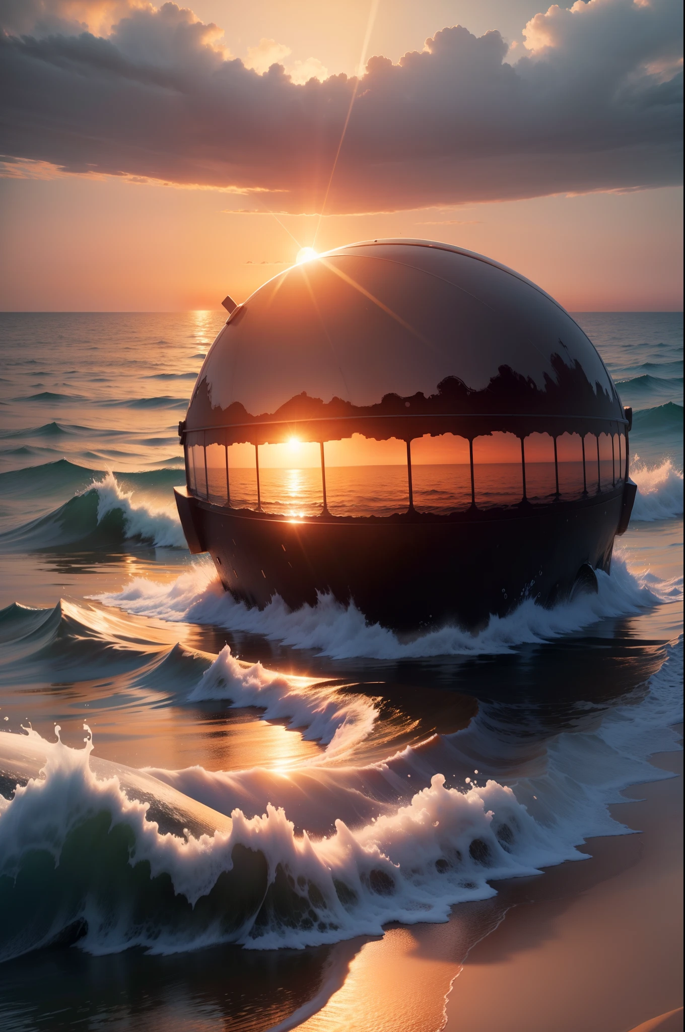 a sun is drowning into the sea, 4k, ultra detailed, sharp