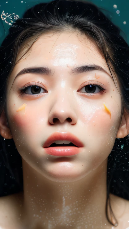 ((top Quority,8k,tmasterpiece:1.3)),woman(Lean hot spring),perspired,Water droplets on the forehead of the face,exteriors,background urban cityscape,Overhead,Sharp focus:1.2,cute women:1.4,((Layered Hair Style)),(white shirt),Very detailed face and skin and hair texture,Knotted brunette hair,Wet textured hair,Moist body,Detailed eyes, Gold wire sunglasses,White skin of the,Beautiful legs, beautiful delicate nose,Cute young Japanese woman,28 year old,dynamic angle,Deleite para la vista,Compositional suggestiveness,while emphasizing the subject's hair,The eye,Mouth and movements,At the same time, it exudes a melancholic mood characterized by calming tones and a mixture of contrasts of light and shadow。